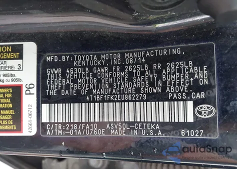 2014 Toyota Camry L from USA, damaged, VIN 4T1BF1FK2EU862279